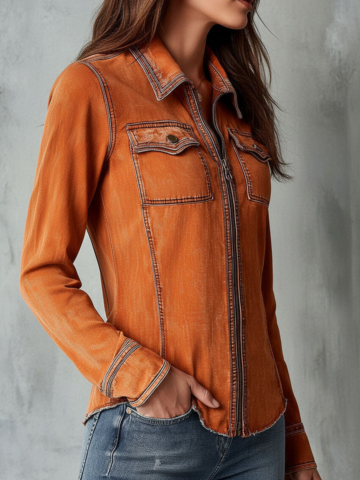 Orange utility denim jacket back view