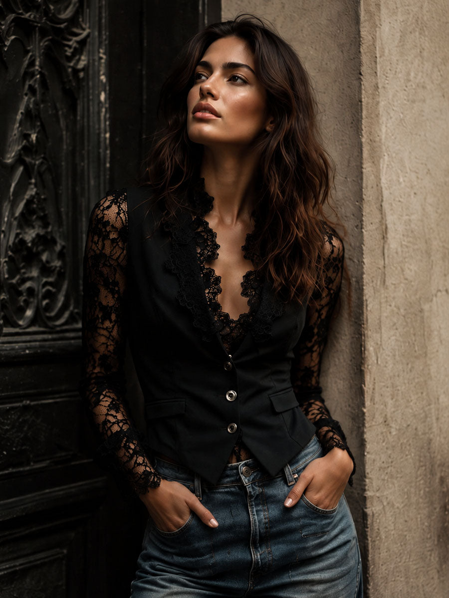 Elegant black lace blazer top styled look