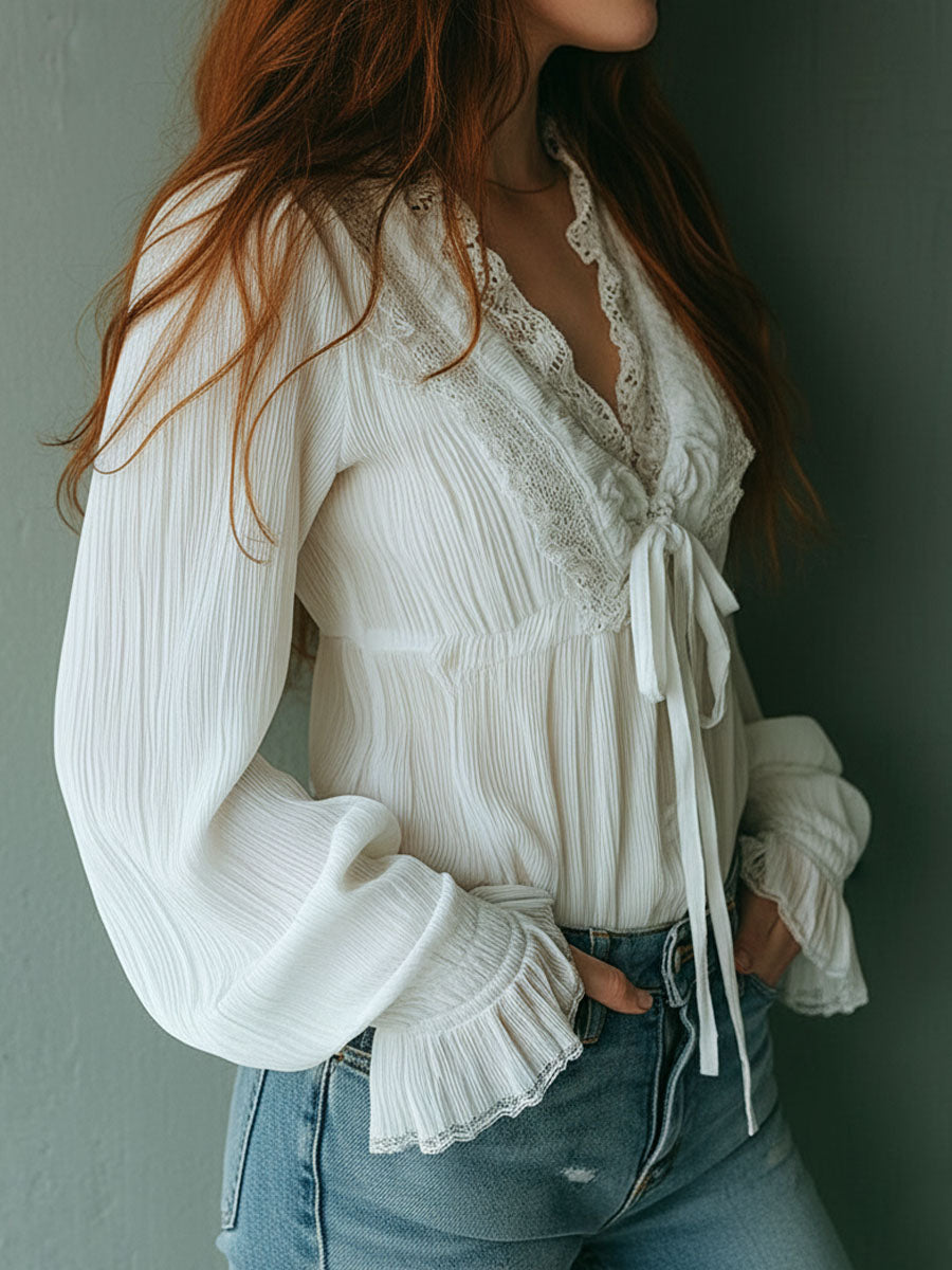 Boho white lace tie-front blouse styled look