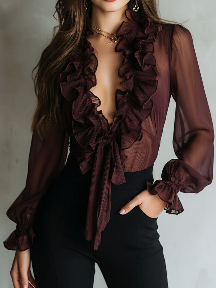 Plum ruffled chiffon blouse back view