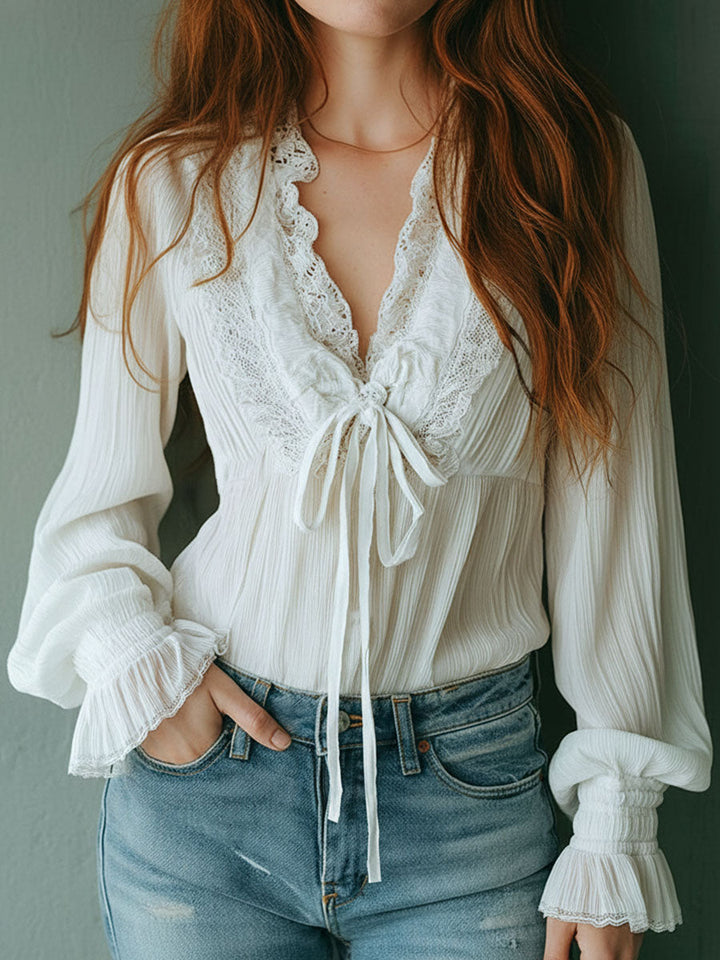 Ruffled lace tie-front blouse back view