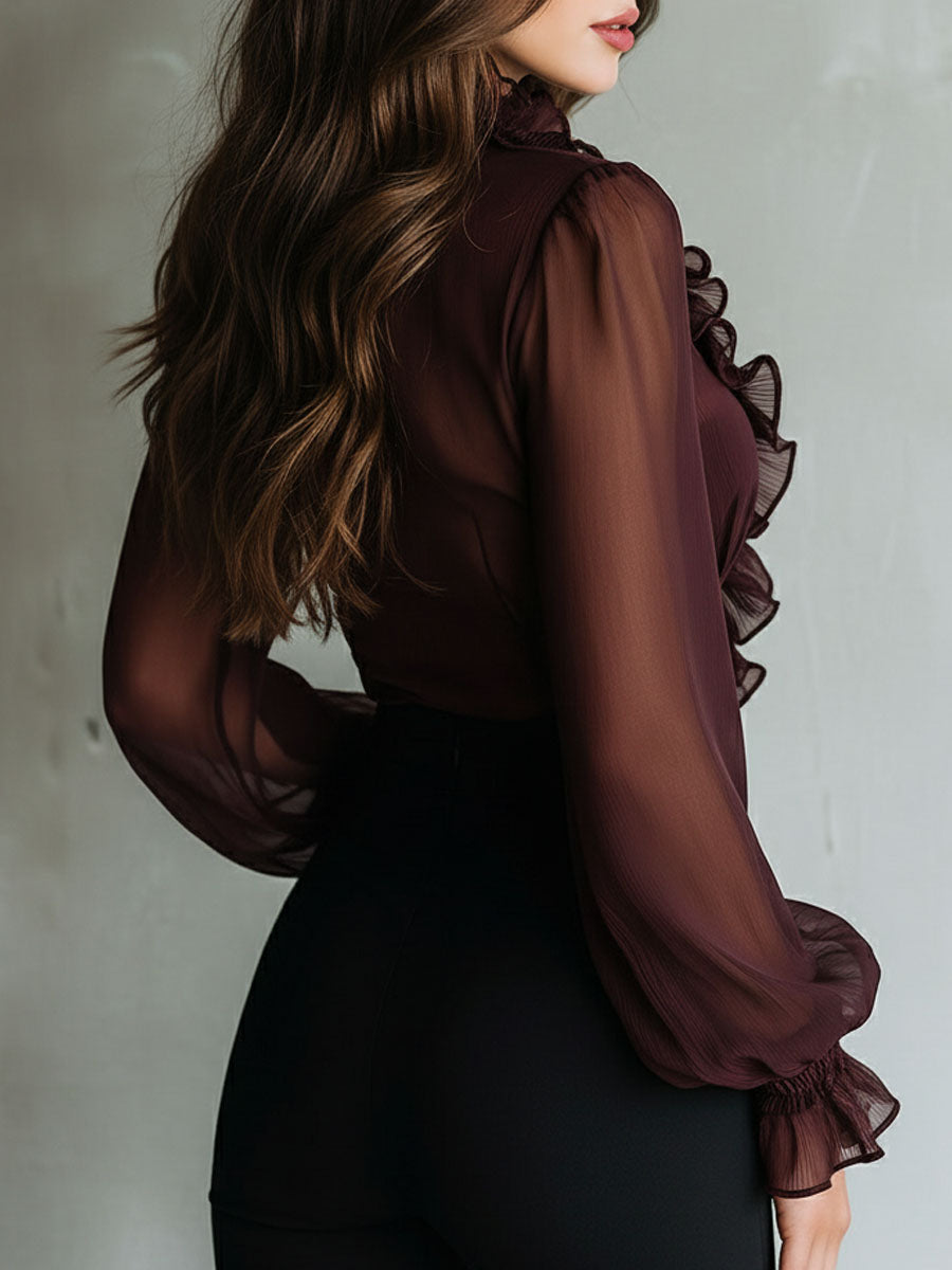 Plum sheer ruffled blouse styled look
