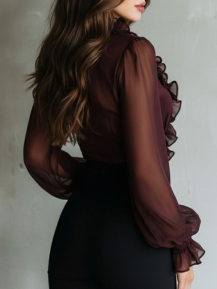Plum sheer ruffled blouse styled look