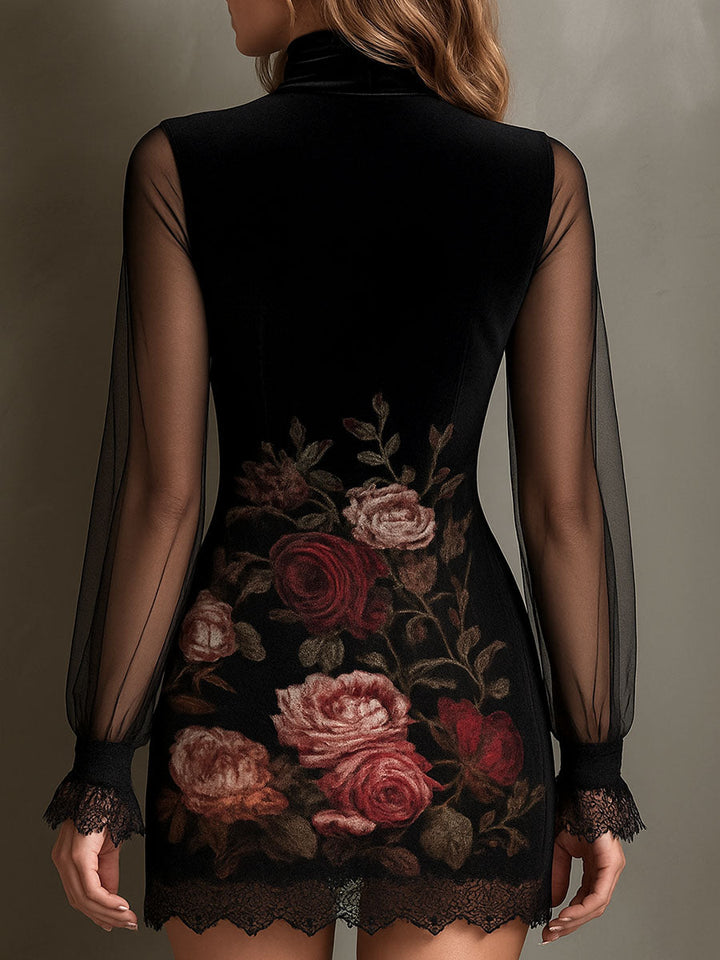 Velvet rose lace patchwork dress detail view
