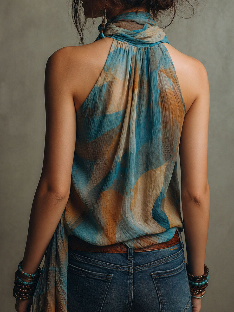Blue amber chiffon halter blouse scarf neck detail