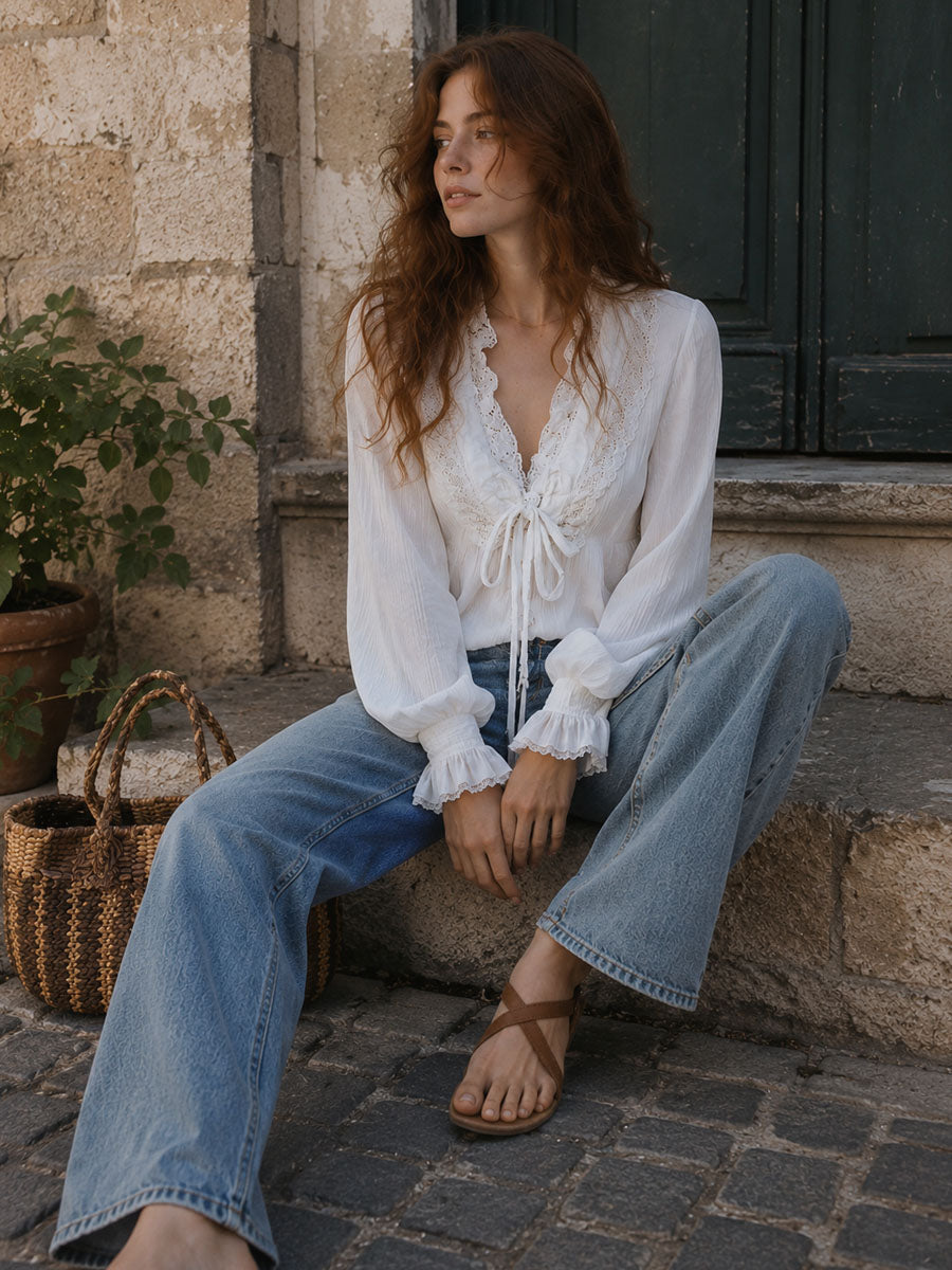 White pleated lace V-neck blouse side view