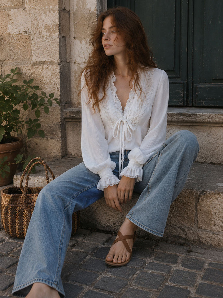 White pleated lace V-neck blouse side view