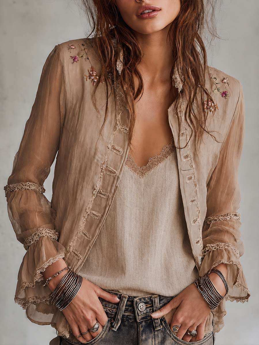 Vintage sheer sleeve embroidered cotton-linen blazer front view