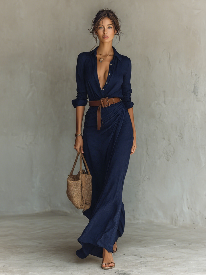 Khaki Notched Collar Maxi Dress — close-up view