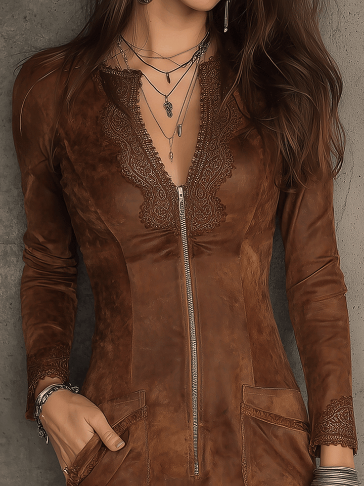 Vintage caramel brown lace trim zip front suede mini dress detail view