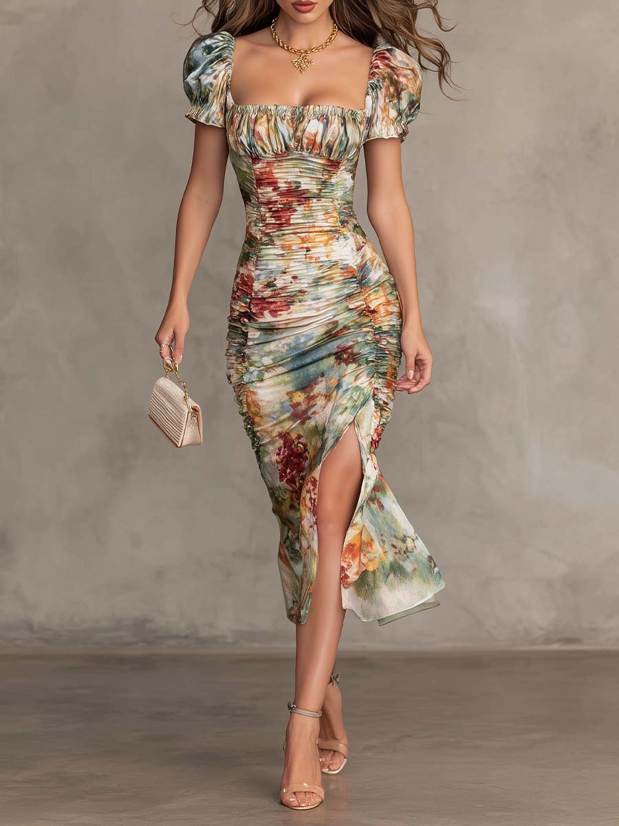 Retro floral ruched square-neck midi dress front view