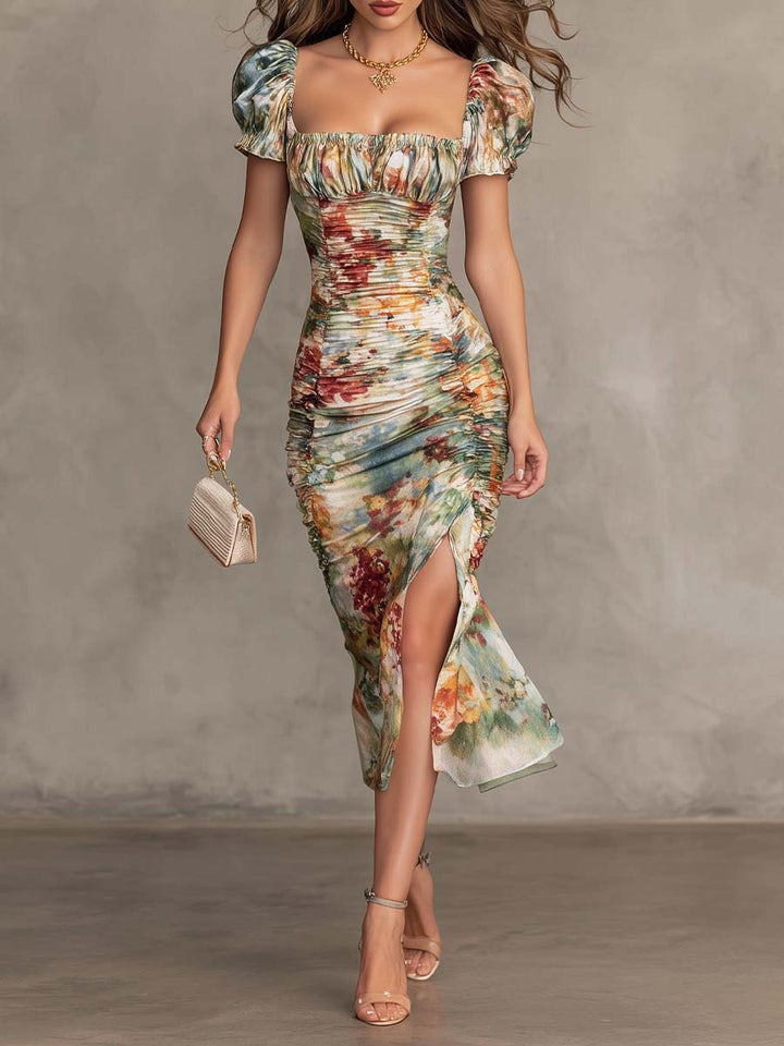 Retro floral ruched square-neck midi dress front view