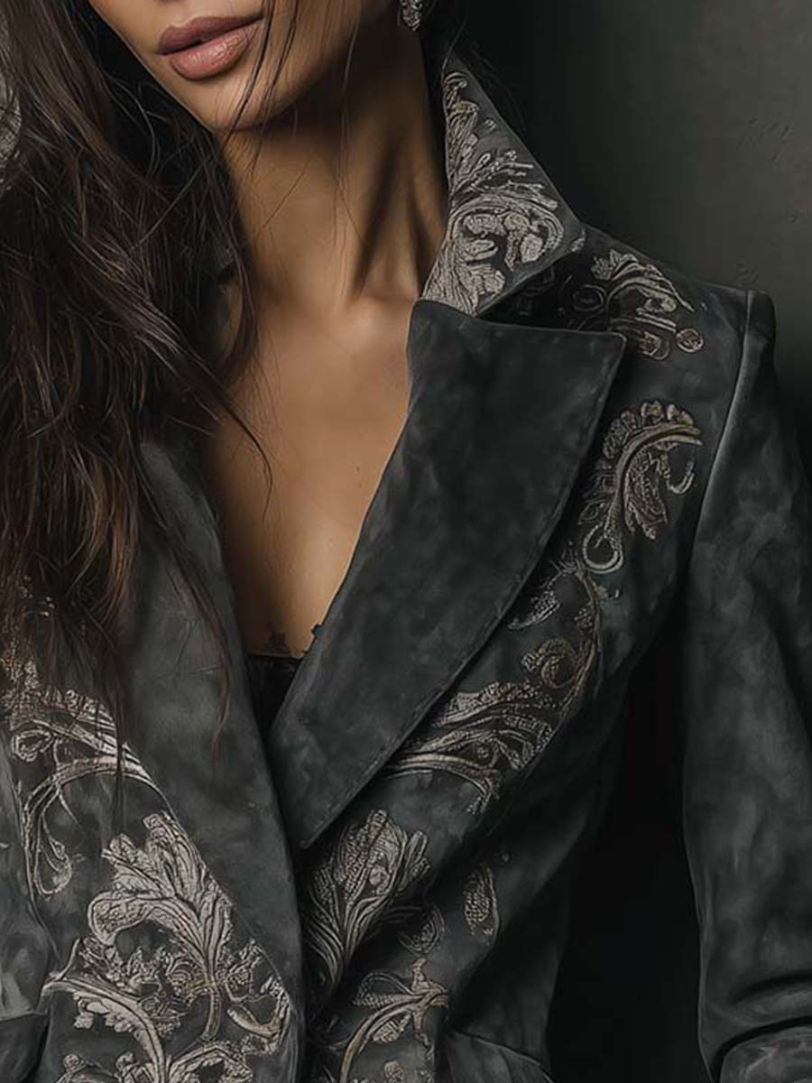 Embossed floral eco-suede blazer charcoal taupe styled view