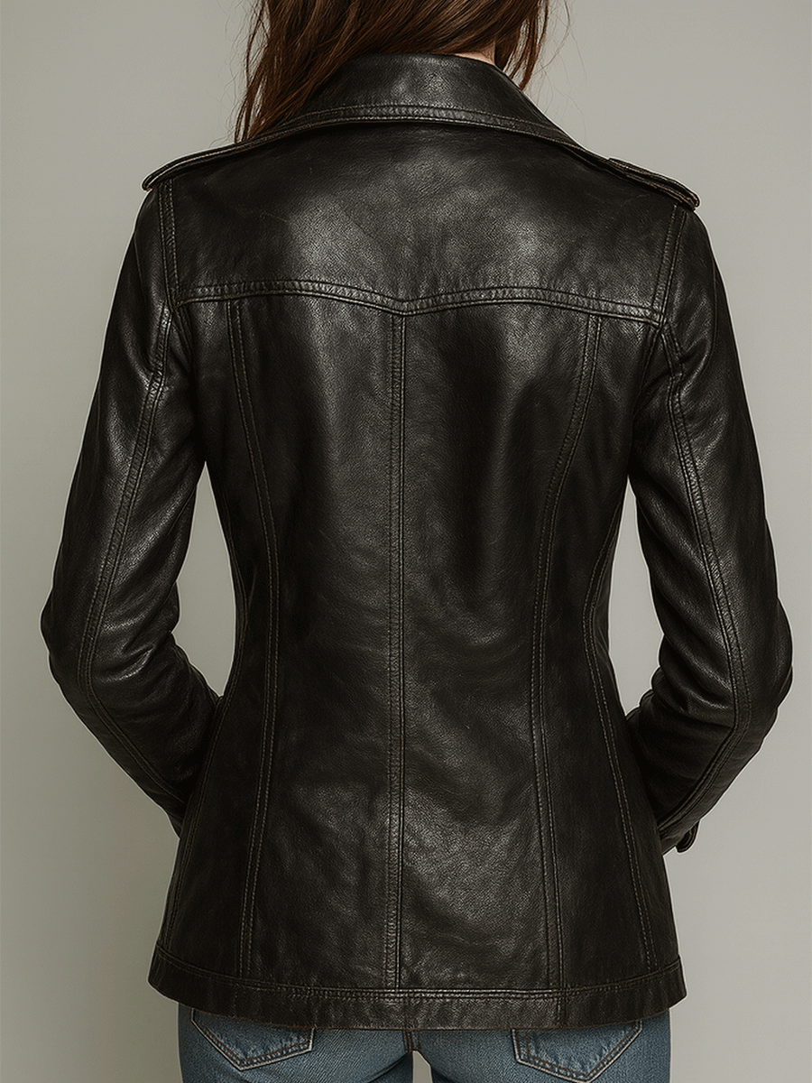 Black faux leather jacket side view