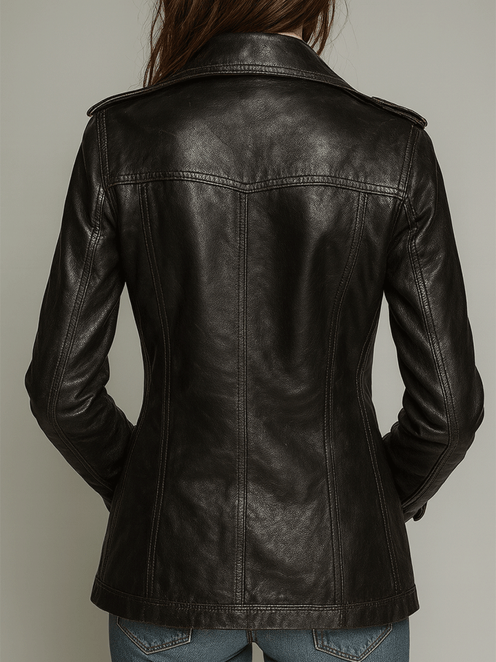 Black faux leather jacket side view
