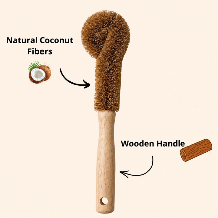 Close-up of the coconut-fibre brush head and wooden handle used for cleaning copper bottles