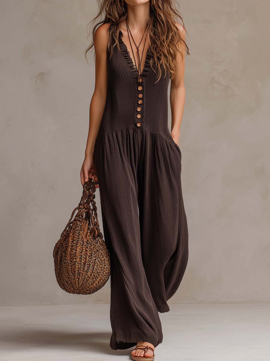 Retro ruffle neck knitted jumpsuit front view