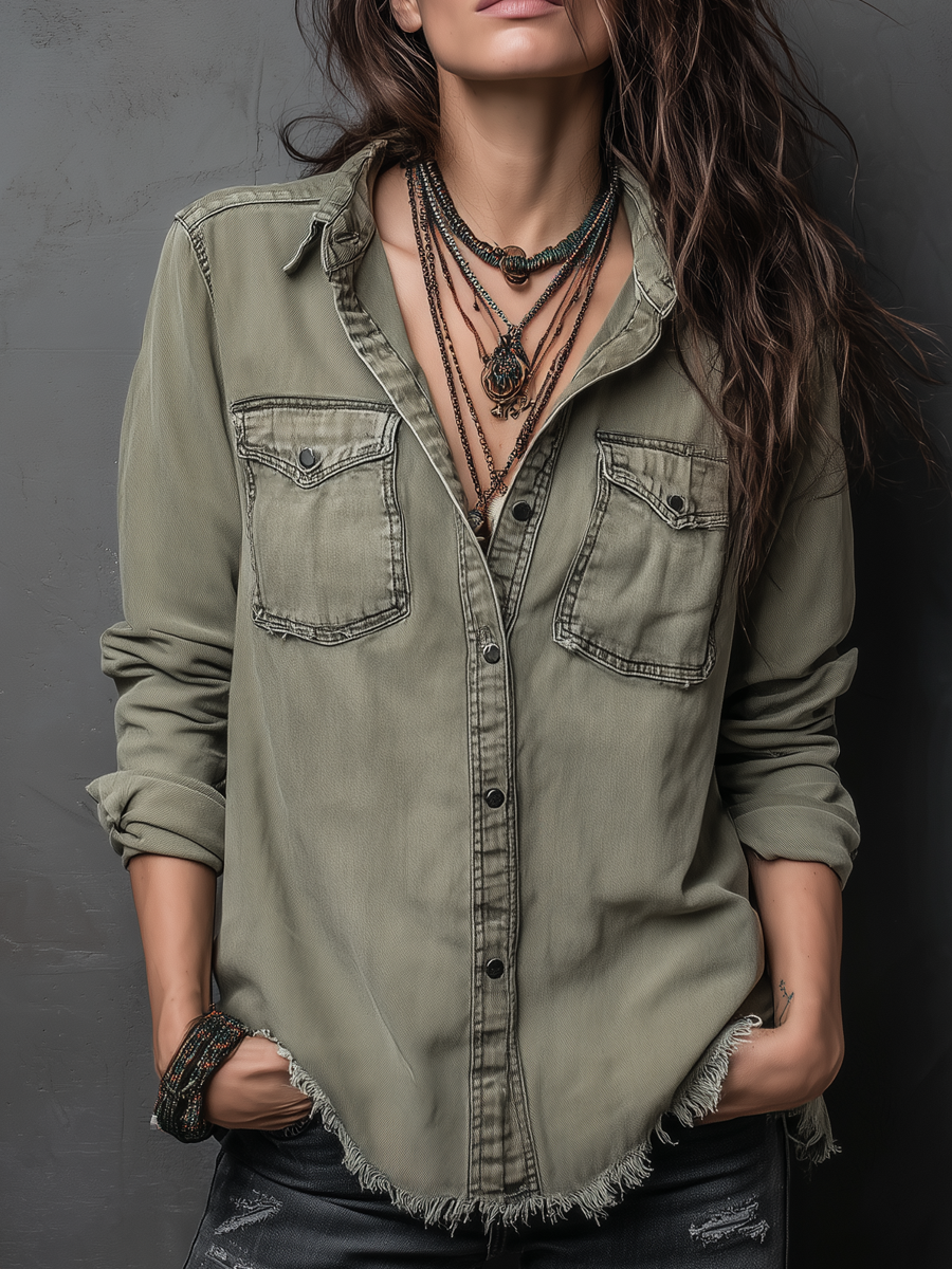 Vintage long sleeve washed blouse with pockets front view