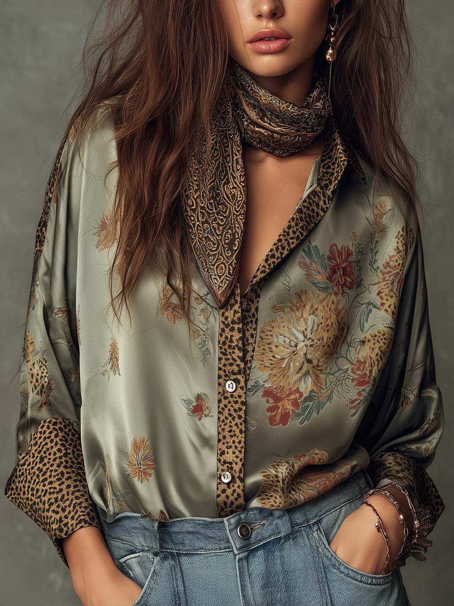 Satin floral button-down leopard trim shirt front view
