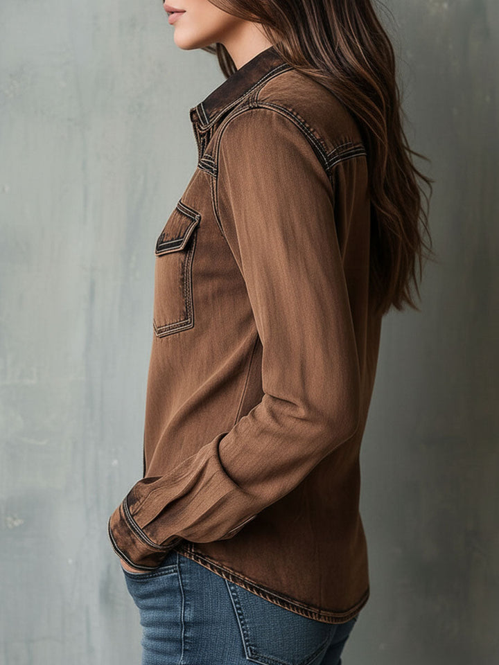 Brown washed shirt jacket full length view