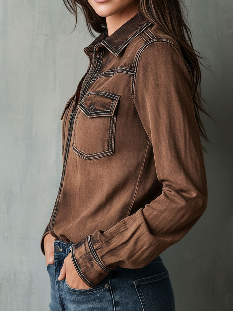 Brown utility zip jacket detail view