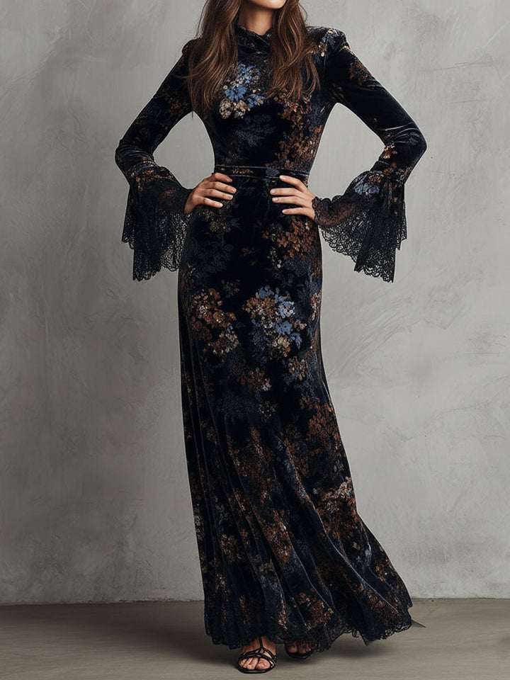 Floral velvet gown bell sleeves side view