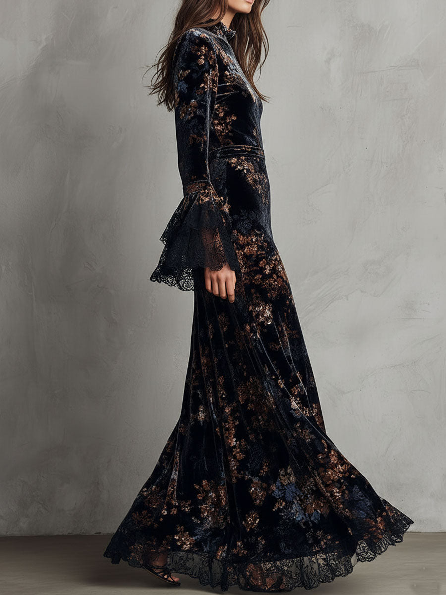 Midnight velvet gown lace bell sleeve detail view