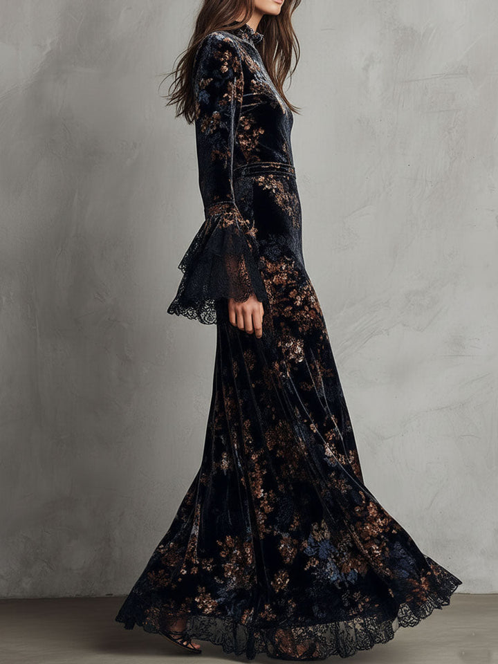 Midnight velvet gown lace bell sleeve detail view