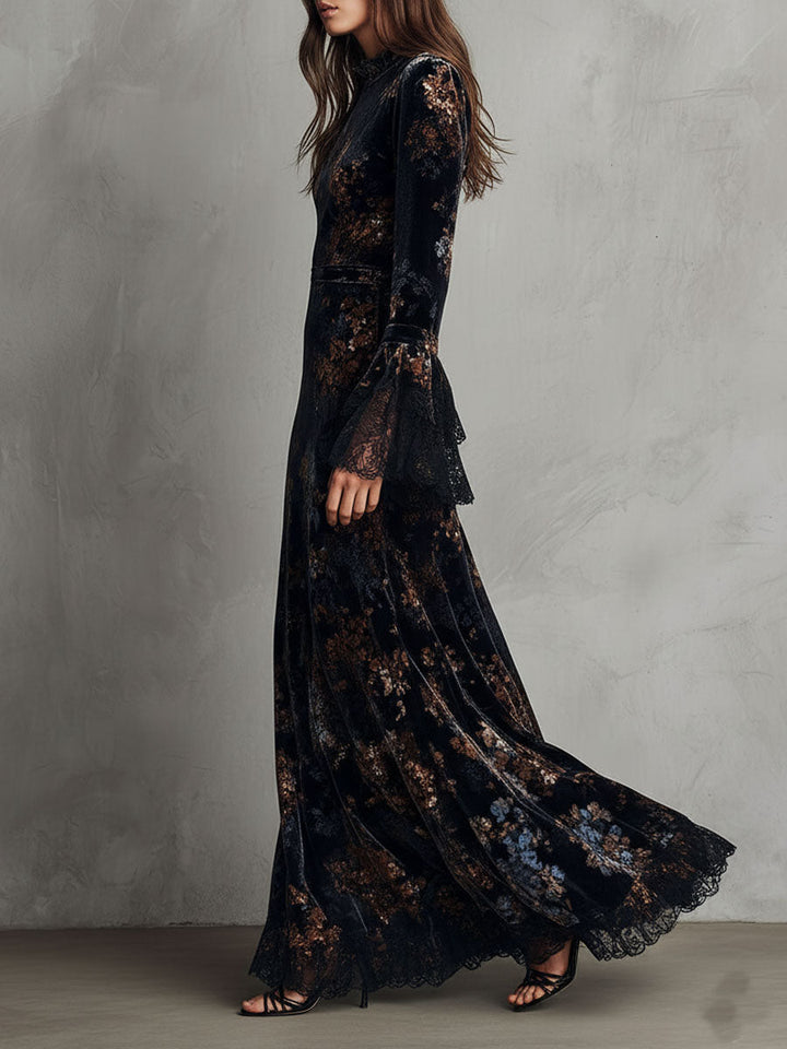 Floral velvet flowing gown full length view