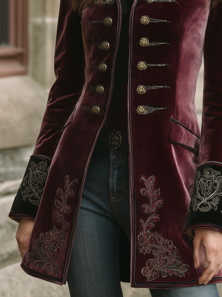 Vintage velvet embroidered coat full length view