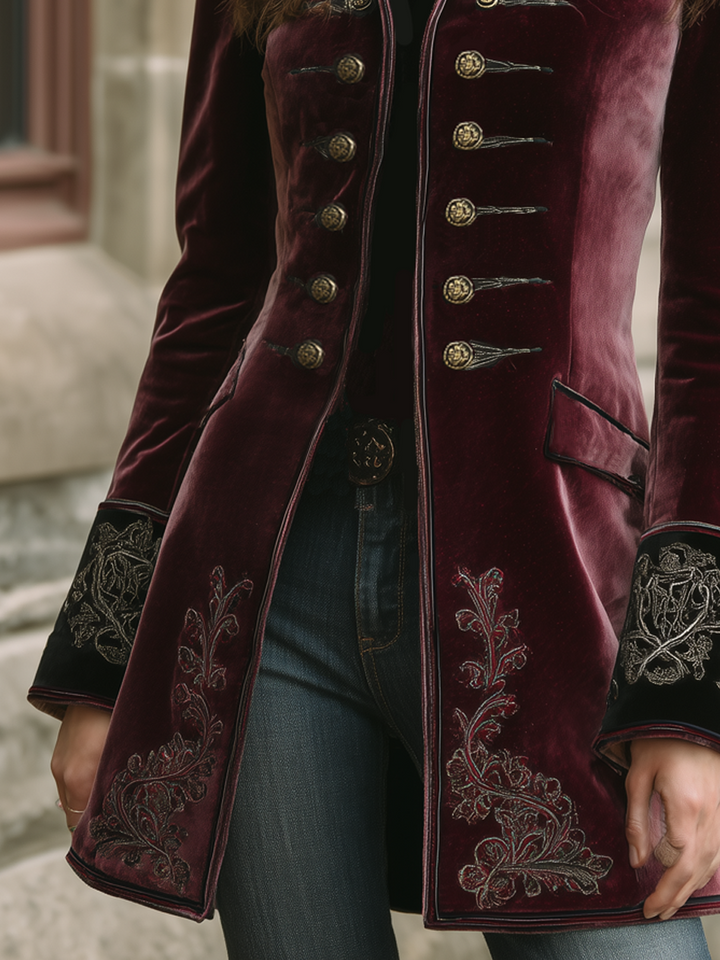 Vintage velvet embroidered coat full length view