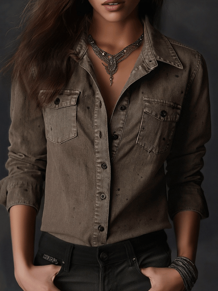 Vintage washed taupe western slim button-down shirt front view