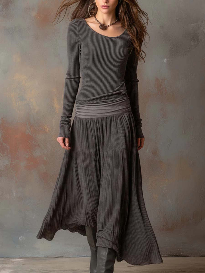 Charcoal gray ribbed knit maxi dress front view