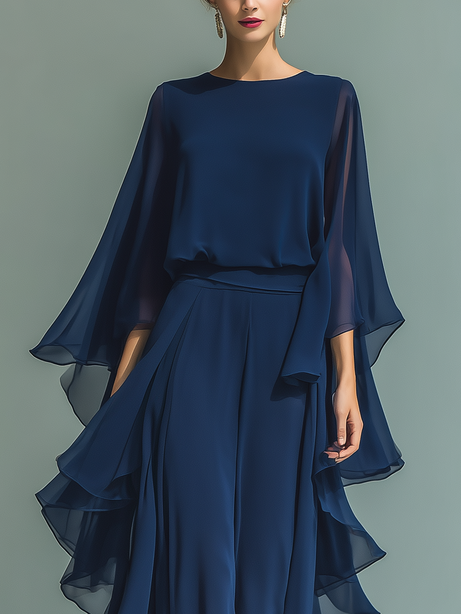 Navy Chiffon Flared Pants Set — back view