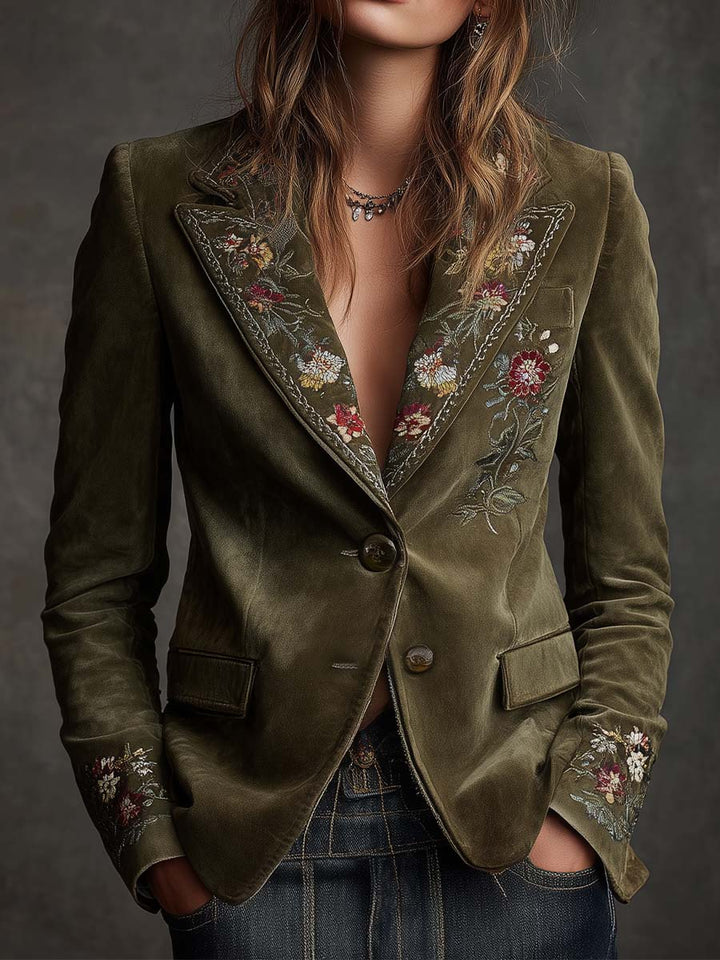 Olive green velvet blazer intricate floral embroidery front view