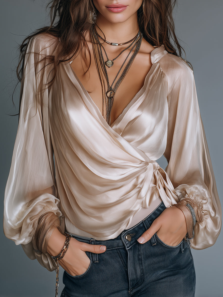 Elegant satin wrap blouse side ties front view