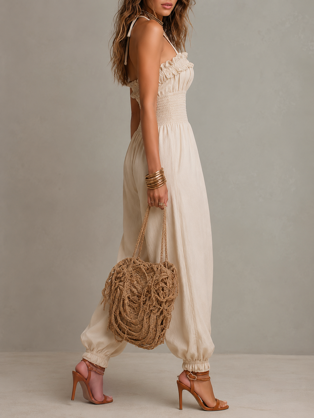 Halter harem jumpsuit side view