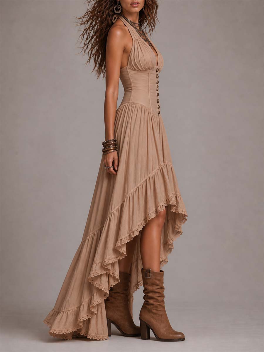 Cotton halter corset maxi dress side view