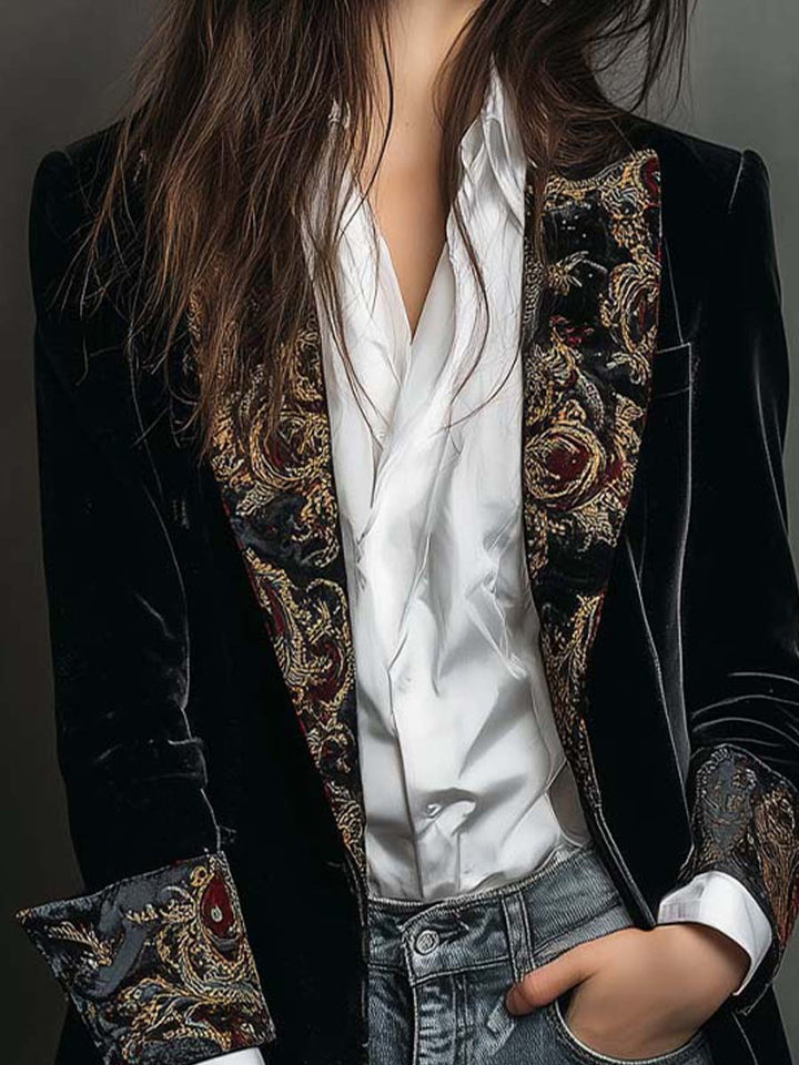 Black velvet blazer baroque lapel detail view