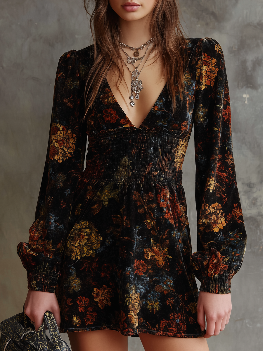 Retro floral print pleated waist velvet mini dress front view