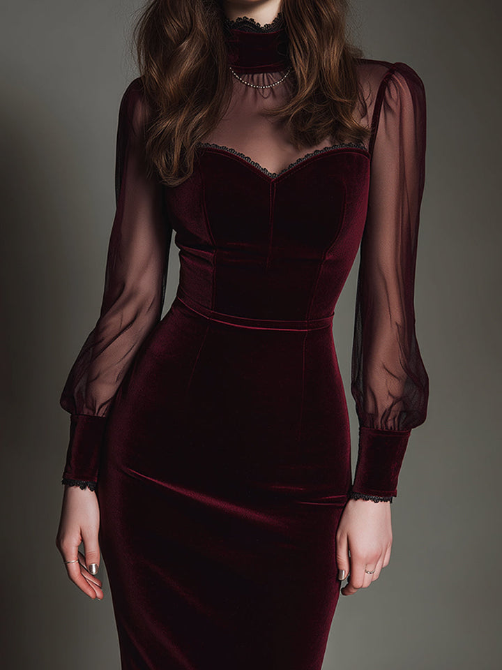 Elegant mesh velvet sweetheart neckline slim midi dress side view