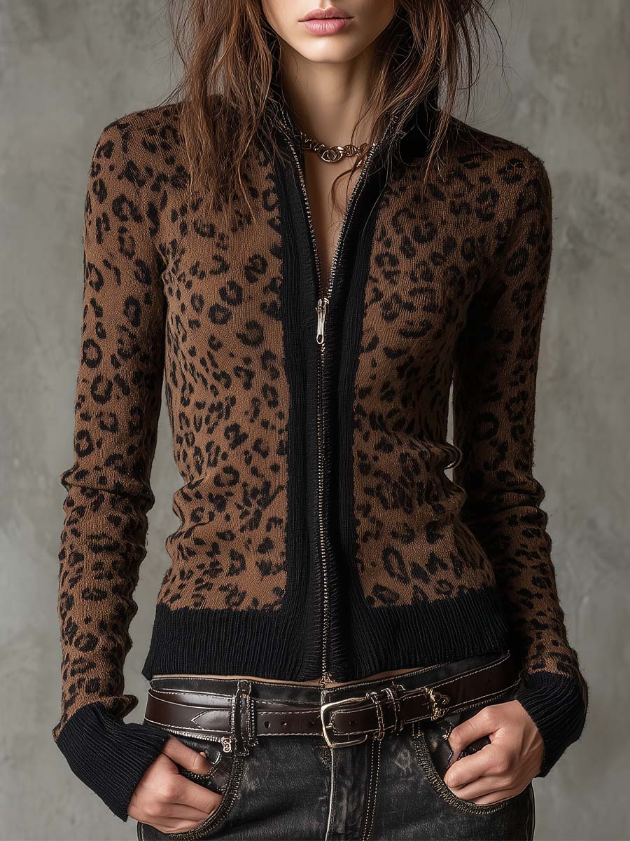 Vintage leopard print slim zip cardigan front view