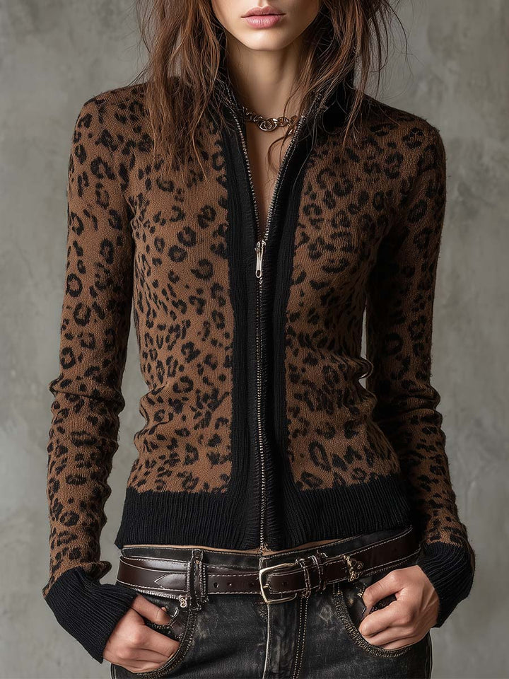 Vintage leopard print slim zip cardigan front view