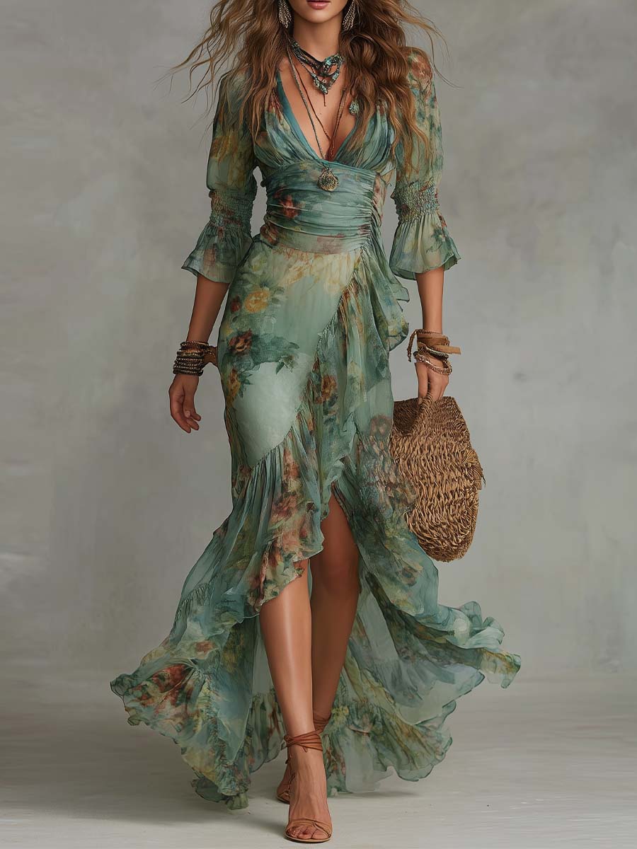 Retro romantic floral wrap maxi dress front view