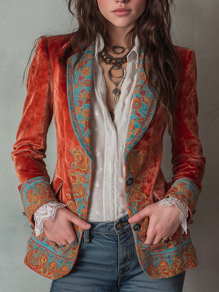Retro contrast color velvet printed blazer front view