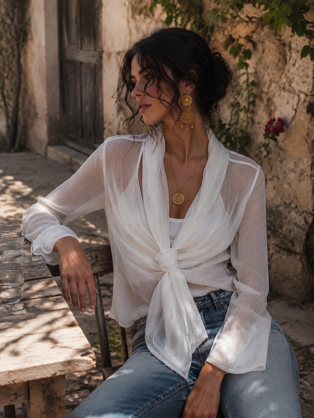 Chiffon wrap blouse tie knot close-up detail