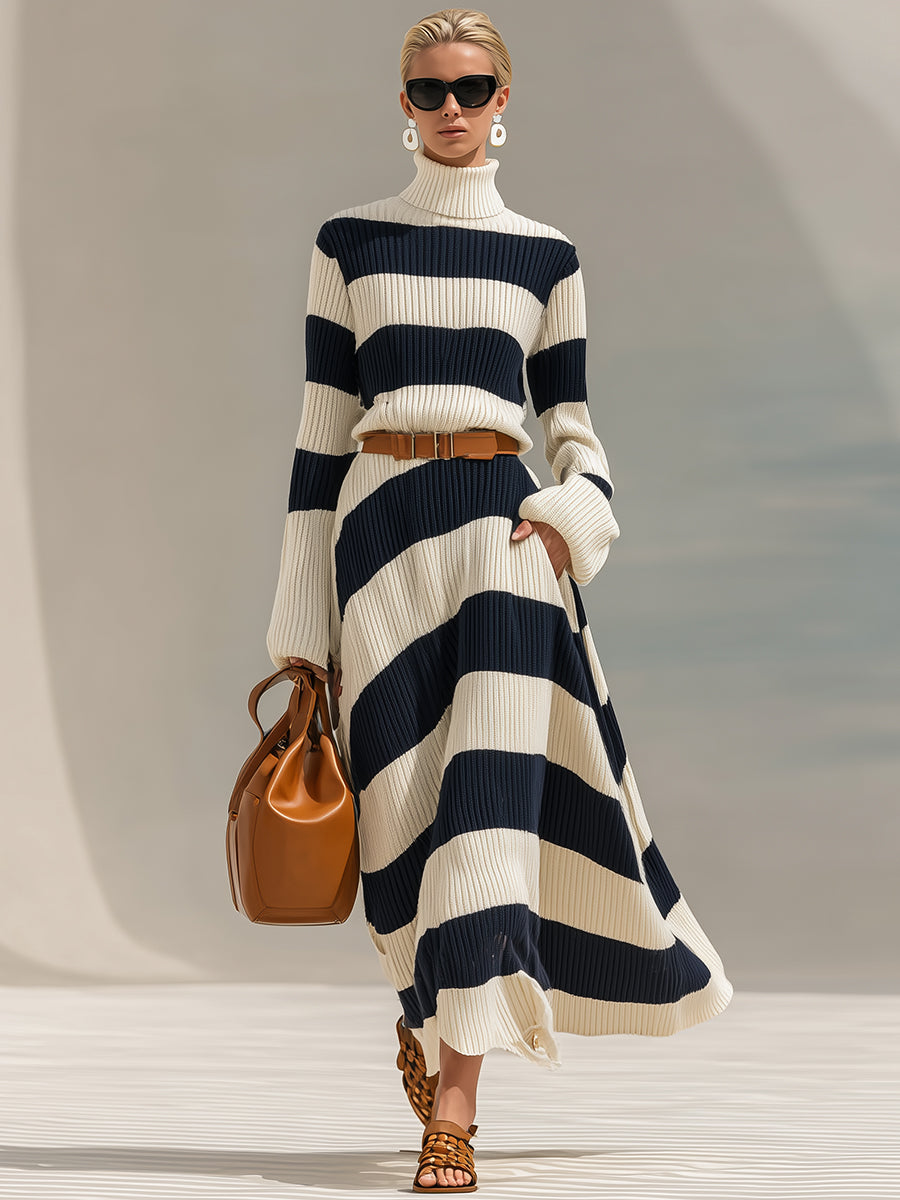 Grace navy white knit dress – women's winter fashion complete look
