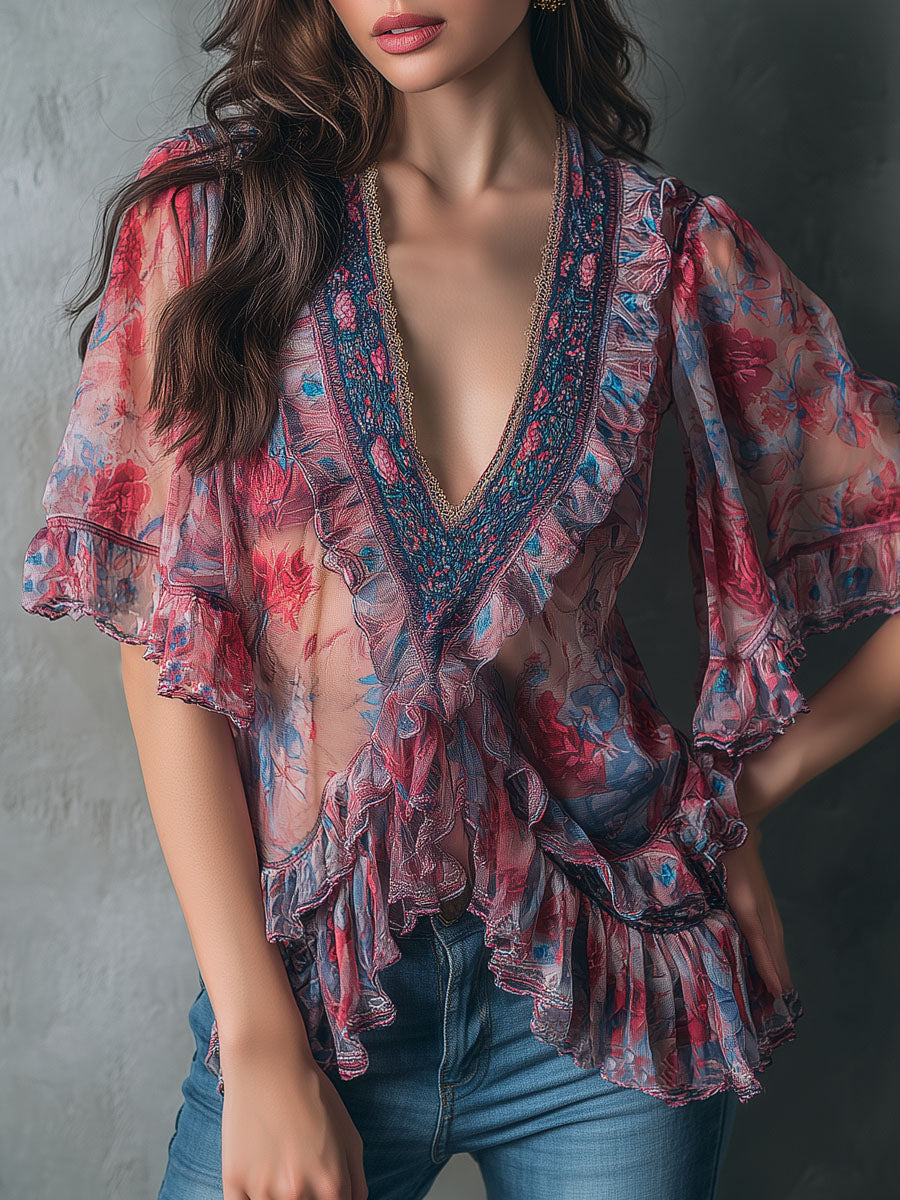 Boho sheer floral ruffle V-neck blouse front view