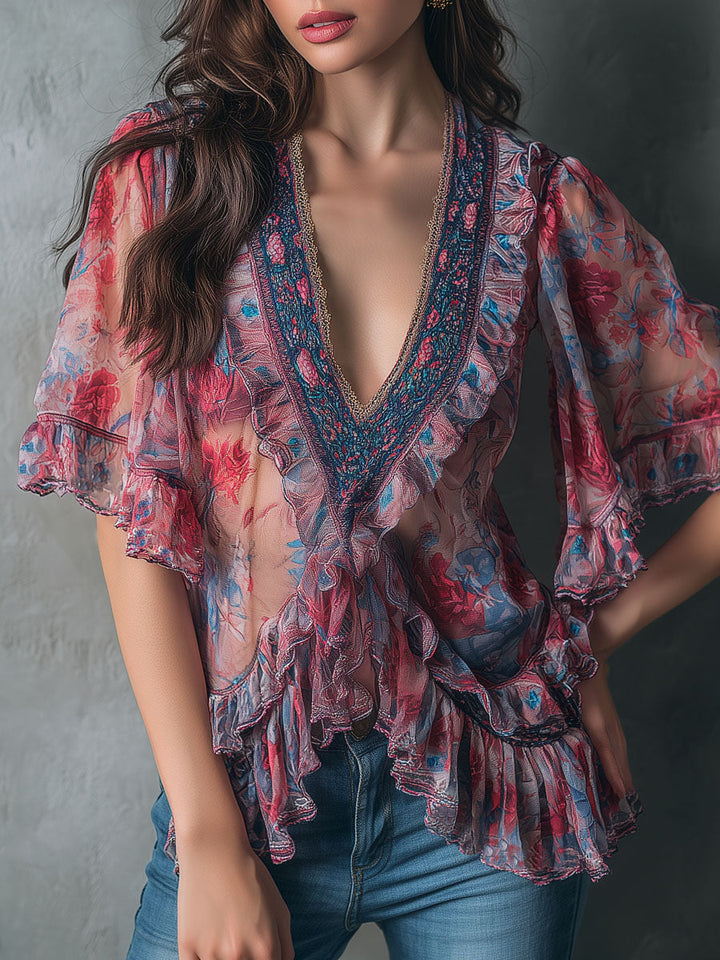 Boho sheer floral ruffle V-neck blouse front view