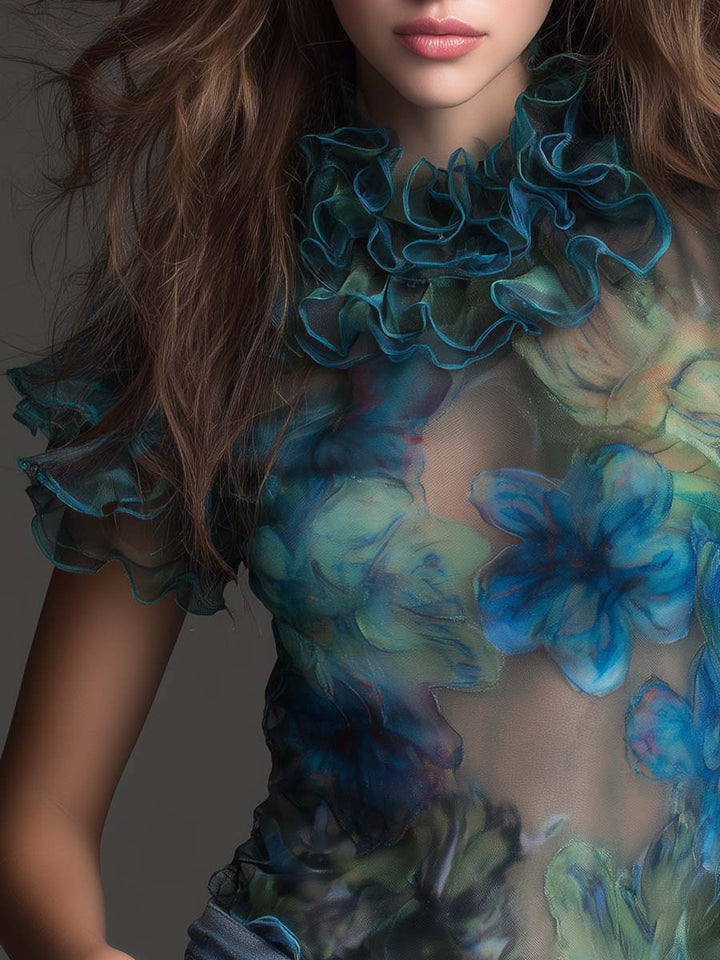 Floral ruffle mesh top detail close-up